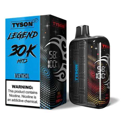 A 16ml Menthol Tyson 2.0 Legend 30K disposable vape with cool mint and icy-themed design. by Vape4Less.