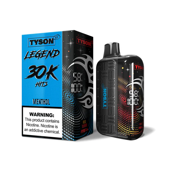 A 16ml Menthol Tyson 2.0 Legend 30K disposable vape with cool mint and icy-themed design. by Vape4Less.