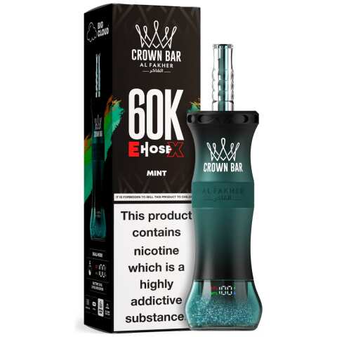 A 50ml Mint Al Fakher Crown Bar E Hose X 60k disposable device with mint-themed flavor graphics. by Vape4Less.