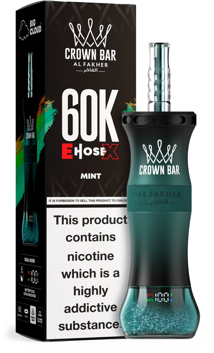 Mint Al Fakher Crown Bar E Hose X 60k A 50ml Mint Al Fakher Crown Bar E Hose X 60k disposable device with mint-themed flavor graphics. by Vape4Less.