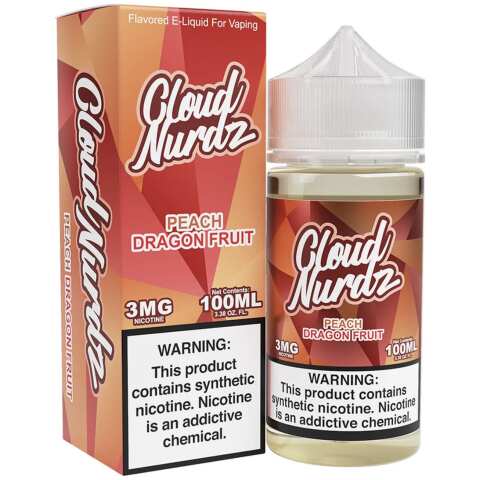 A 100ml Peach Dragonfruit Cloud Nurdz 100ml e-liquid bottle with peach and dragonfruit fruit graphics. by Vape4Less.