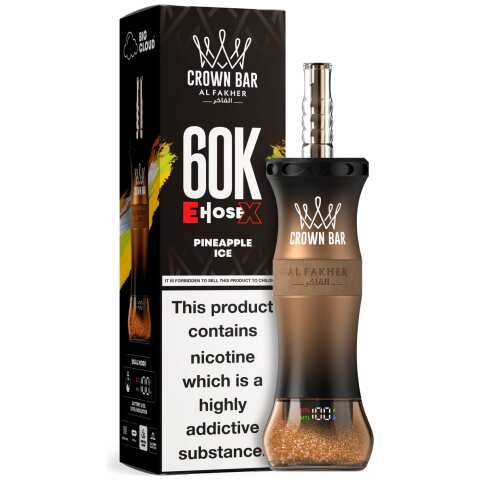 A 50ml Pineapple Ice Al Fakher Crown Bar E Hose X 60k disposable device with pineapple and ice-themed flavor graphics. by Vape4Less.