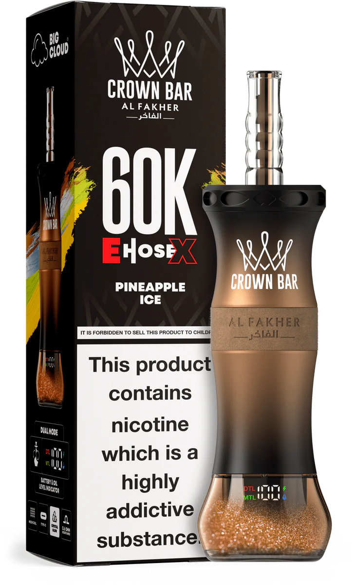 A 50ml Pineapple Ice Al Fakher Crown Bar E Hose X 60k disposable device with pineapple and ice-themed flavor graphics. by Vape4Less.
