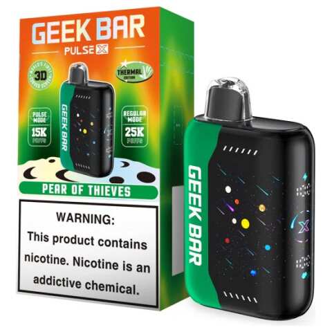 A 18ml Pear of Thieves Geek Bar Pulse X 25k disposable vape with pear-themed graphics and Pulse X smart display. by Vape4Less.