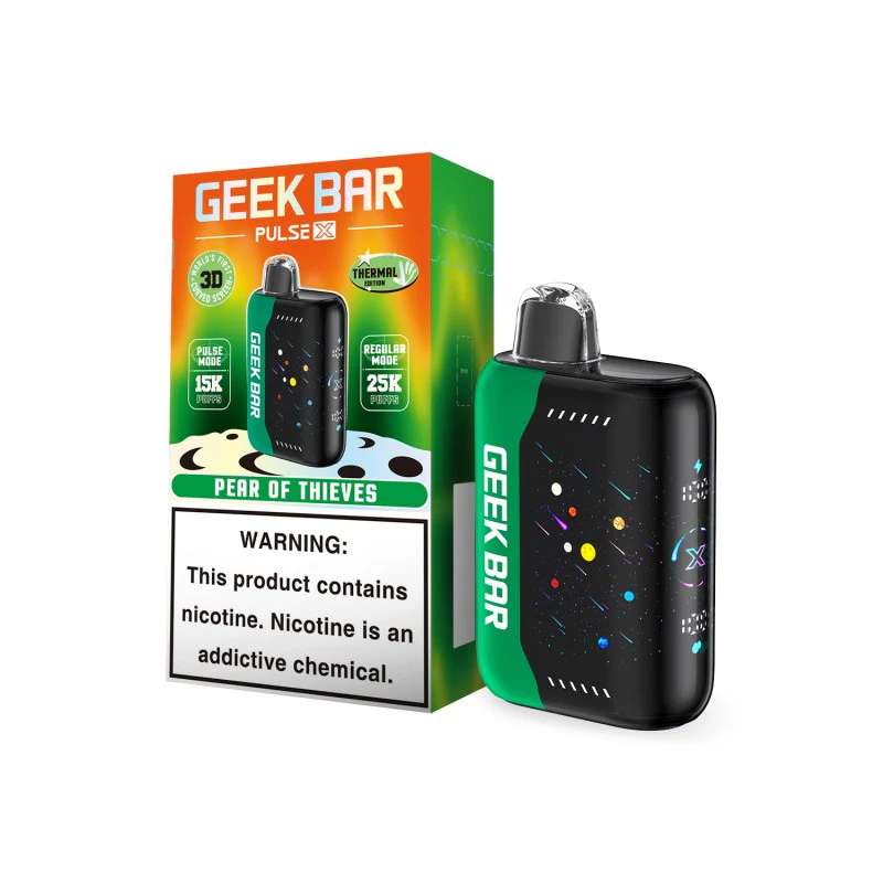 A 18ml Pear of Thieves Geek Bar Pulse X 25k disposable vape with pear-themed graphics and Pulse X smart display. by Vape4Less.