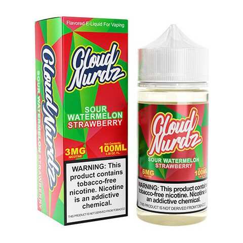 A 100ml Sour Watermelon Strawberry Cloud Nurdz 100ml e-liquid bottle with watermelon and strawberry candy graphics. by Vape4Less.