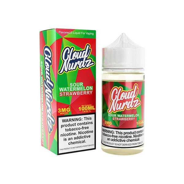 A 100ml Sour Watermelon Strawberry Cloud Nurdz 100ml e-liquid bottle with watermelon and strawberry candy graphics. by Vape4Less.
