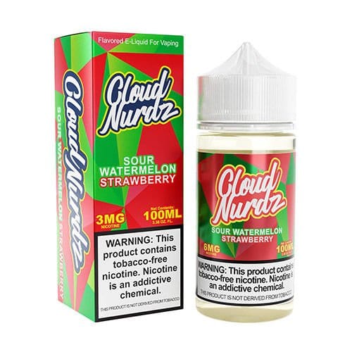 A 100ml Sour Watermelon Strawberry Cloud Nurdz 100ml e-liquid bottle with watermelon and strawberry candy graphics. by Vape4Less.
