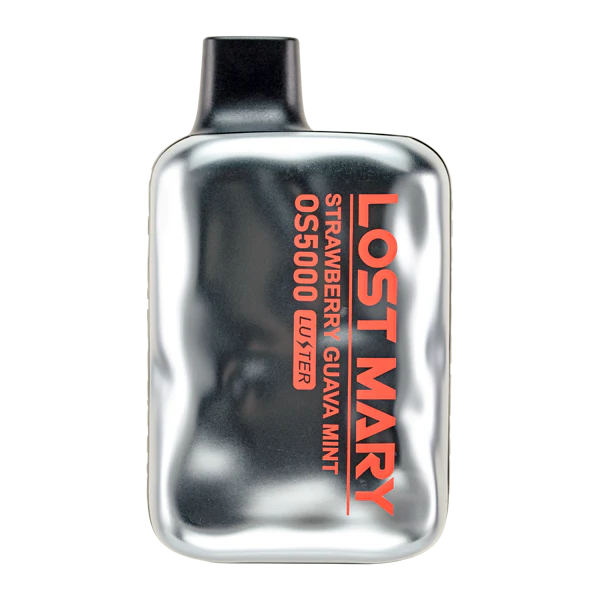 A 13ml Strawberry Guava Mint Lost Mary OS5000 Luster disposable vape with strawberry, guava, and mint-themed artwork. by Vape4Less.