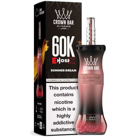A 50ml Summer Dream Al Fakher Crown Bar E Hose X 60k disposable device with summer-themed mixed fruit flavor graphics. by Vape4Less.
