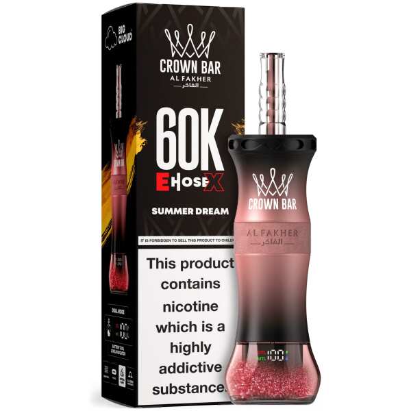 A 50ml Summer Dream Al Fakher Crown Bar E Hose X 60k disposable device with summer-themed mixed fruit flavor graphics. by Vape4Less.
