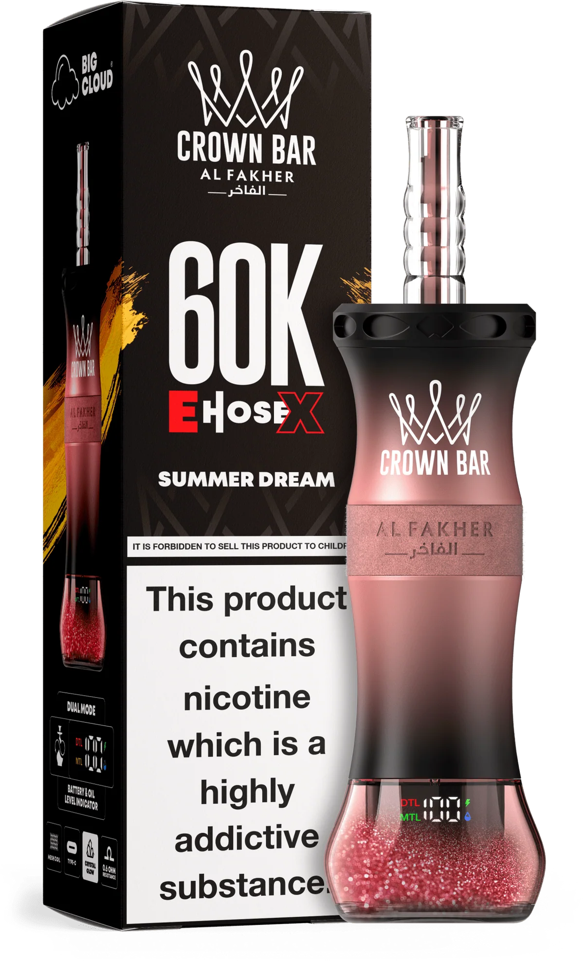 A 50ml Summer Dream Al Fakher Crown Bar E Hose X 60k disposable device with summer-themed mixed fruit flavor graphics. by Vape4Less.
