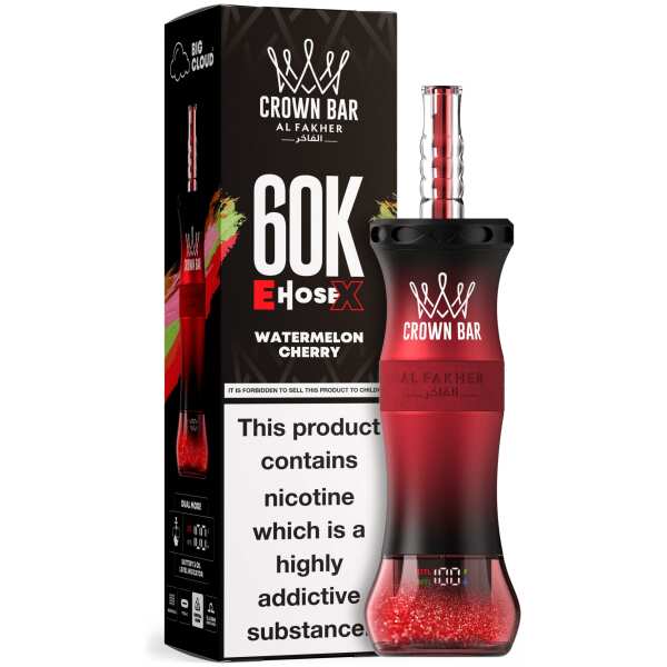 A 50ml Watermelon Cherry Al Fakher Crown Bar E Hose X 60k disposable device with watermelon and cherry flavor graphics. by Vape4Less.