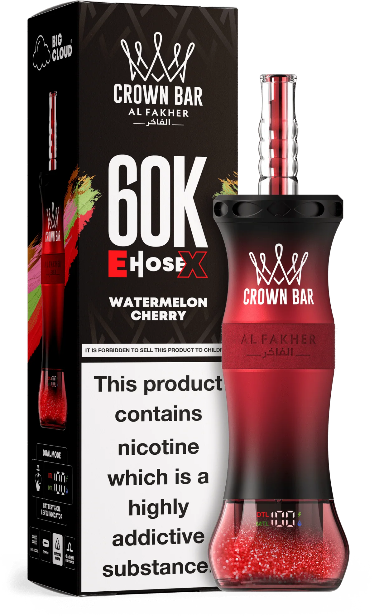 A 50ml Watermelon Cherry Al Fakher Crown Bar E Hose X 60k disposable device with watermelon and cherry flavor graphics. by Vape4Less.