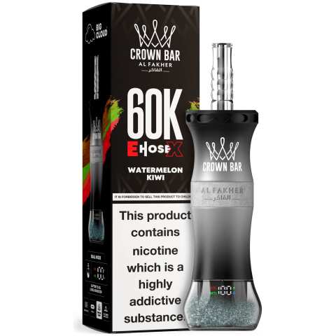 A 50ml Watermelon Kiwi Al Fakher Crown Bar E Hose X 60k disposable device with watermelon and kiwi flavor graphics. by Vape4Less.