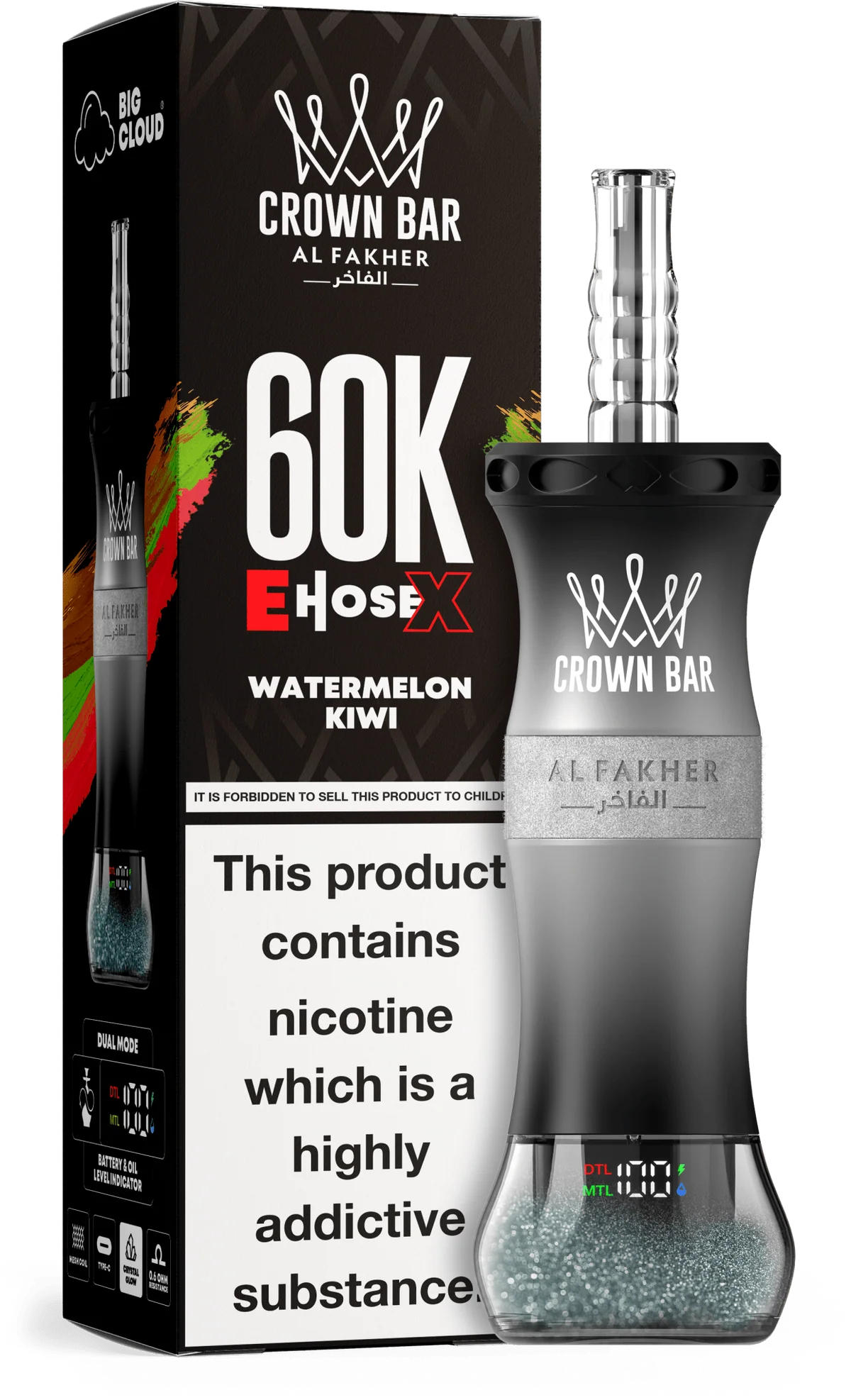 A 50ml Watermelon Kiwi Al Fakher Crown Bar E Hose X 60k disposable device with watermelon and kiwi flavor graphics. by Vape4Less.
