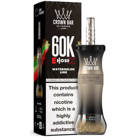 A 50ml Watermelon Lime Al Fakher Crown Bar E Hose X 60k disposable device with watermelon and lime flavor graphics. by Vape4Less.