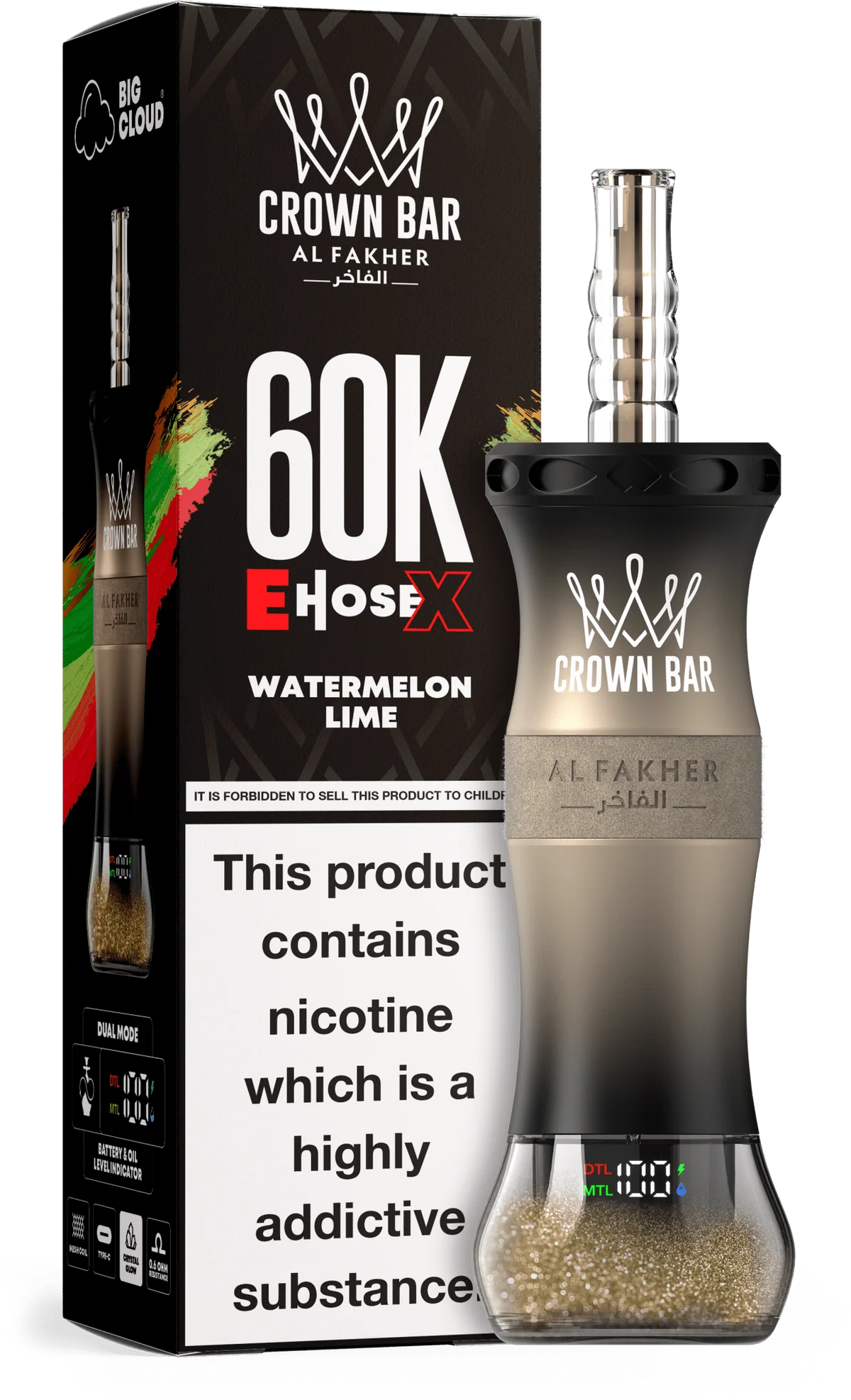 A 50ml Watermelon Lime Al Fakher Crown Bar E Hose X 60k disposable device with watermelon and lime flavor graphics. by Vape4Less.