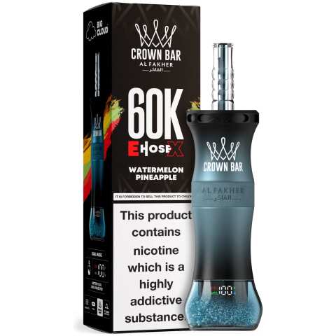 A 50ml Watermelon Pineapple Al Fakher Crown Bar E Hose X 60k disposable device with watermelon and pineapple flavor graphics. by Vape4Less.