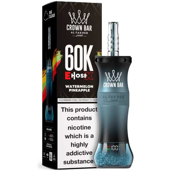 A 50ml Watermelon Pineapple Al Fakher Crown Bar E Hose X 60k disposable device with watermelon and pineapple flavor graphics. by Vape4Less.