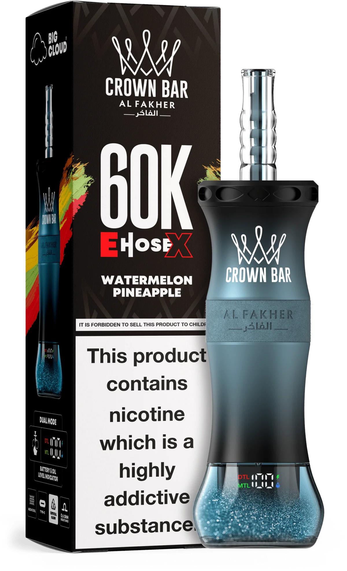 A 50ml Watermelon Pineapple Al Fakher Crown Bar E Hose X 60k disposable device with watermelon and pineapple flavor graphics. by Vape4Less.