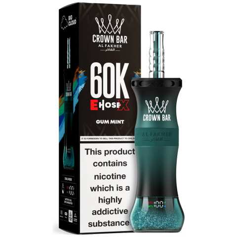 A 50ml Gum Mint Al Fakher Crown Bar E Hose X 60k disposable vape with mint gum graphic on white background. by Vape4Less.