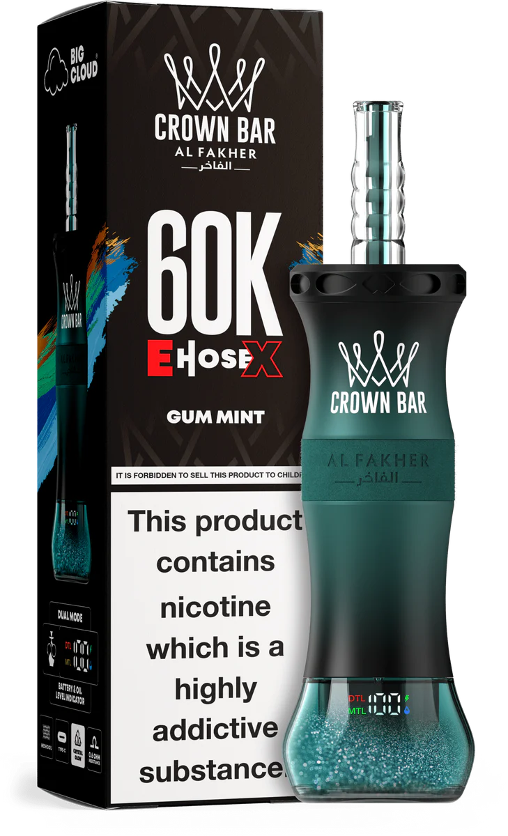 A 50ml Gum Mint Al Fakher Crown Bar E Hose X 60k disposable vape with mint gum graphic on white background. by Vape4Less.