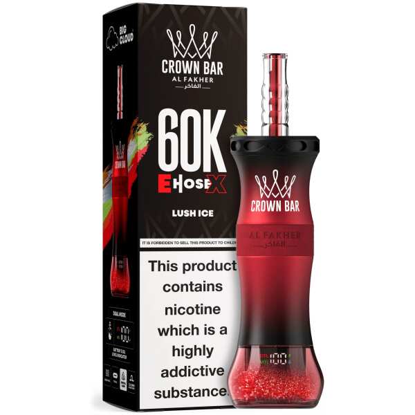 A 50ml Lush Ice Al Fakher Crown Bar E Hose X 60k disposable vape with icy watermelon and mint graphics. by Vape4Less.