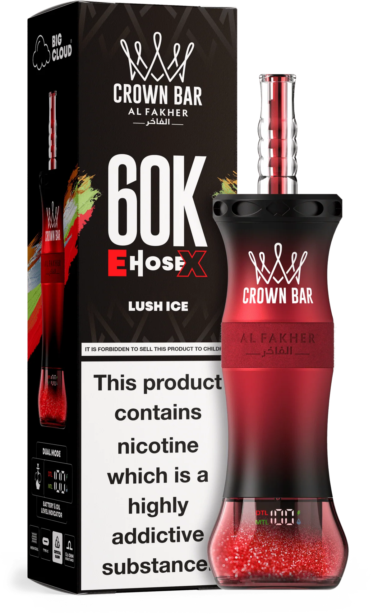 A 50ml Lush Ice Al Fakher Crown Bar E Hose X 60k disposable vape with icy watermelon and mint graphics. by Vape4Less.