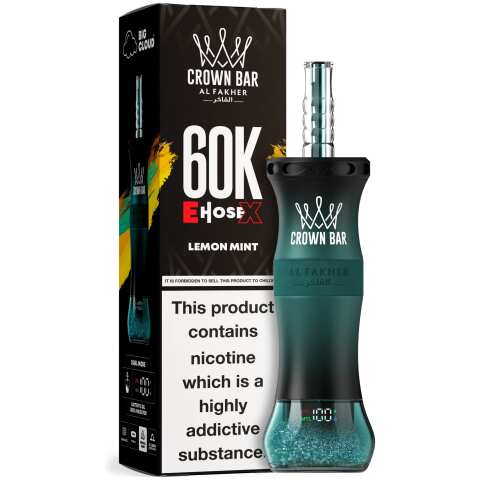 A 50ml Lemon Mint Al Fakher Crown Bar E Hose X 60k disposable vape with lemon and mint graphic on white background. by Vape4Less.