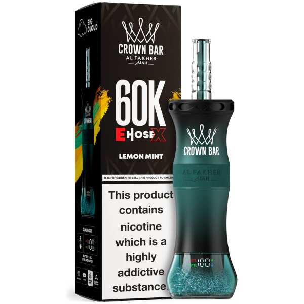 A 50ml Lemon Mint Al Fakher Crown Bar E Hose X 60k disposable vape with lemon and mint graphic on white background. by Vape4Less.