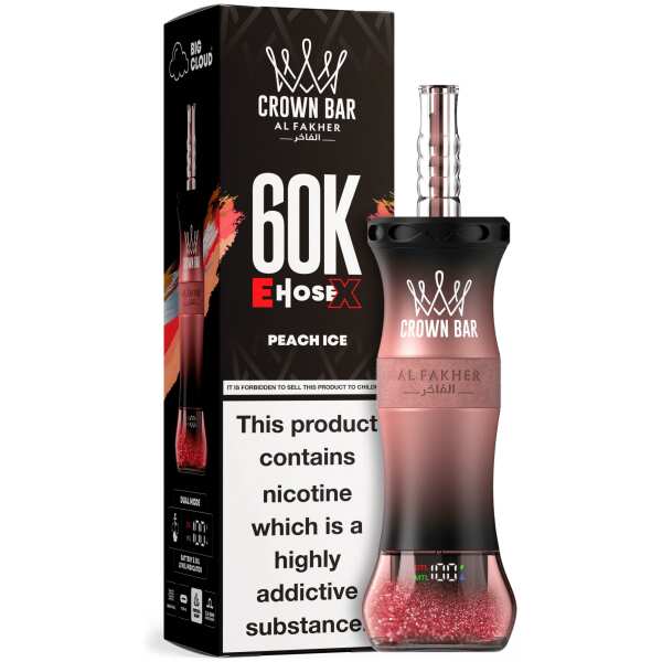 A 50ml Peach Ice Al Fakher Crown Bar E Hose X 60k disposable device with peach and ice-themed flavor graphics. by Vape4Less.