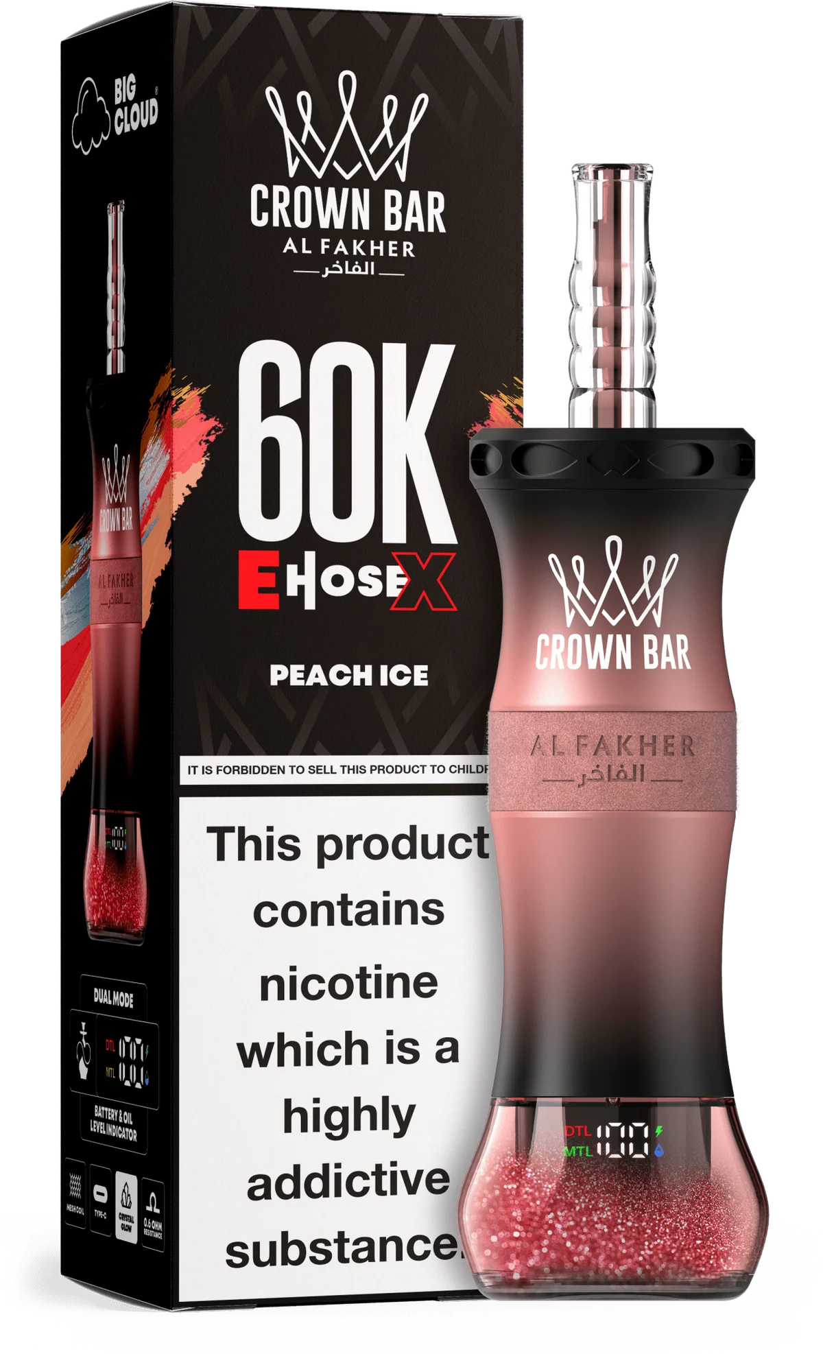 A 50ml Peach Ice Al Fakher Crown Bar E Hose X 60k disposable device with peach and ice-themed flavor graphics. by Vape4Less.