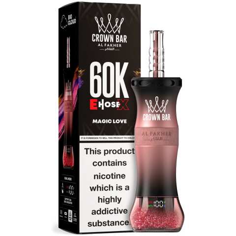 A 50ml Magic Love Al Fakher Crown Bar E Hose X 60k disposable vape with tropical fruit and floral graphic. by Vape4Less.