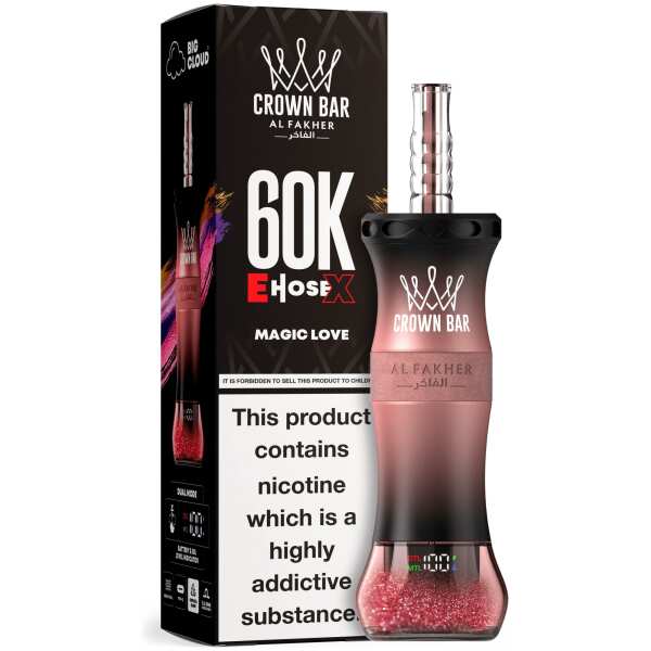 A 50ml Magic Love Al Fakher Crown Bar E Hose X 60k disposable vape with tropical fruit and floral graphic. by Vape4Less.
