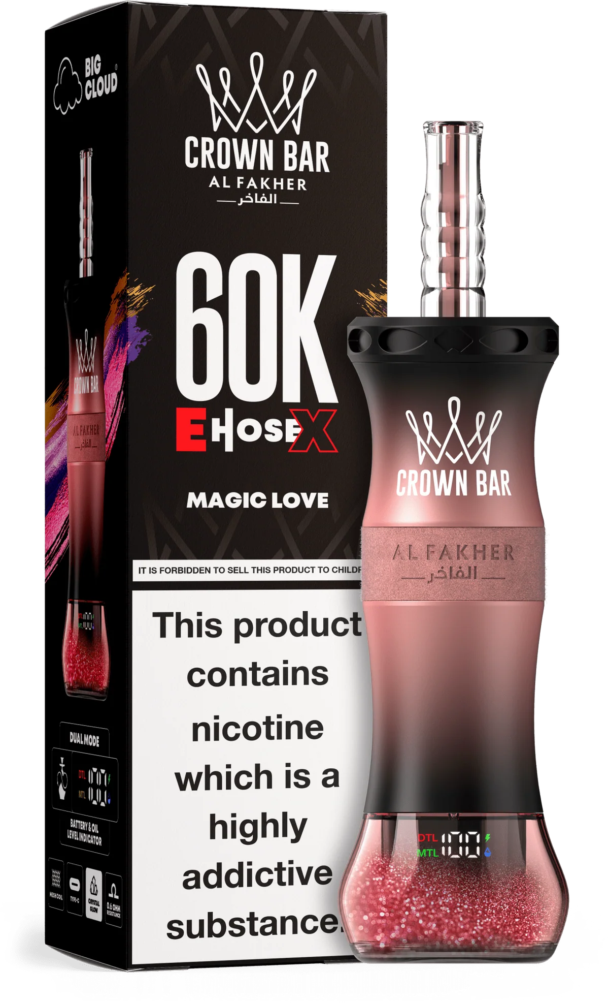 A 50ml Magic Love Al Fakher Crown Bar E Hose X 60k disposable vape with tropical fruit and floral graphic. by Vape4Less.