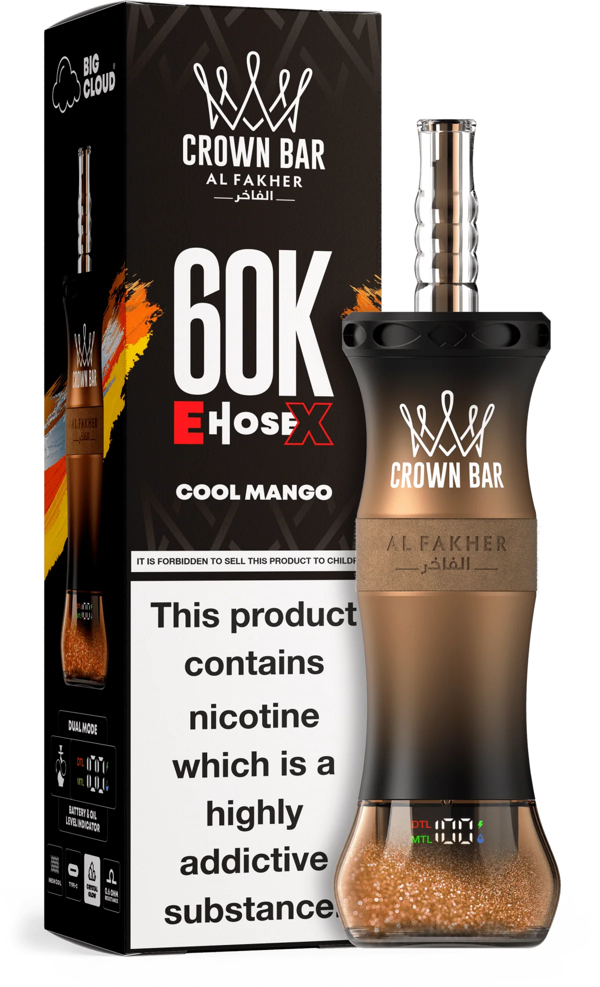 al-fakher-crown-bar-e-hose-x-60k-vape-vapeboo-5681760 A 50ml Cool Mango Al Fakher Crown Bar E Hose X 60k disposable vape with mango and icy mint graphics. by Vape4Less.
