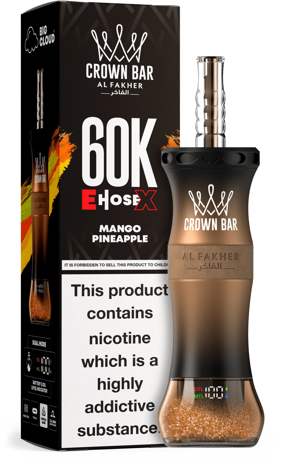 al-fakher-crown-bar-e-hose-x-60k-vape-vapeboo-6138731 A 50ml Mango Pineapple Al Fakher Crown Bar E Hose X 60k disposable device with mango and pineapple flavor graphics. by Vape4Less.