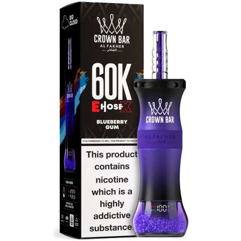 A 50ml Blueberry Gum Al Fakher Crown Bar E Hose X 60k disposable vape with blue gummy and blueberry graphics. by Vape4Less.