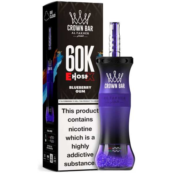 A 50ml Blueberry Gum Al Fakher Crown Bar E Hose X 60k disposable vape with blue gummy and blueberry graphics. by Vape4Less.