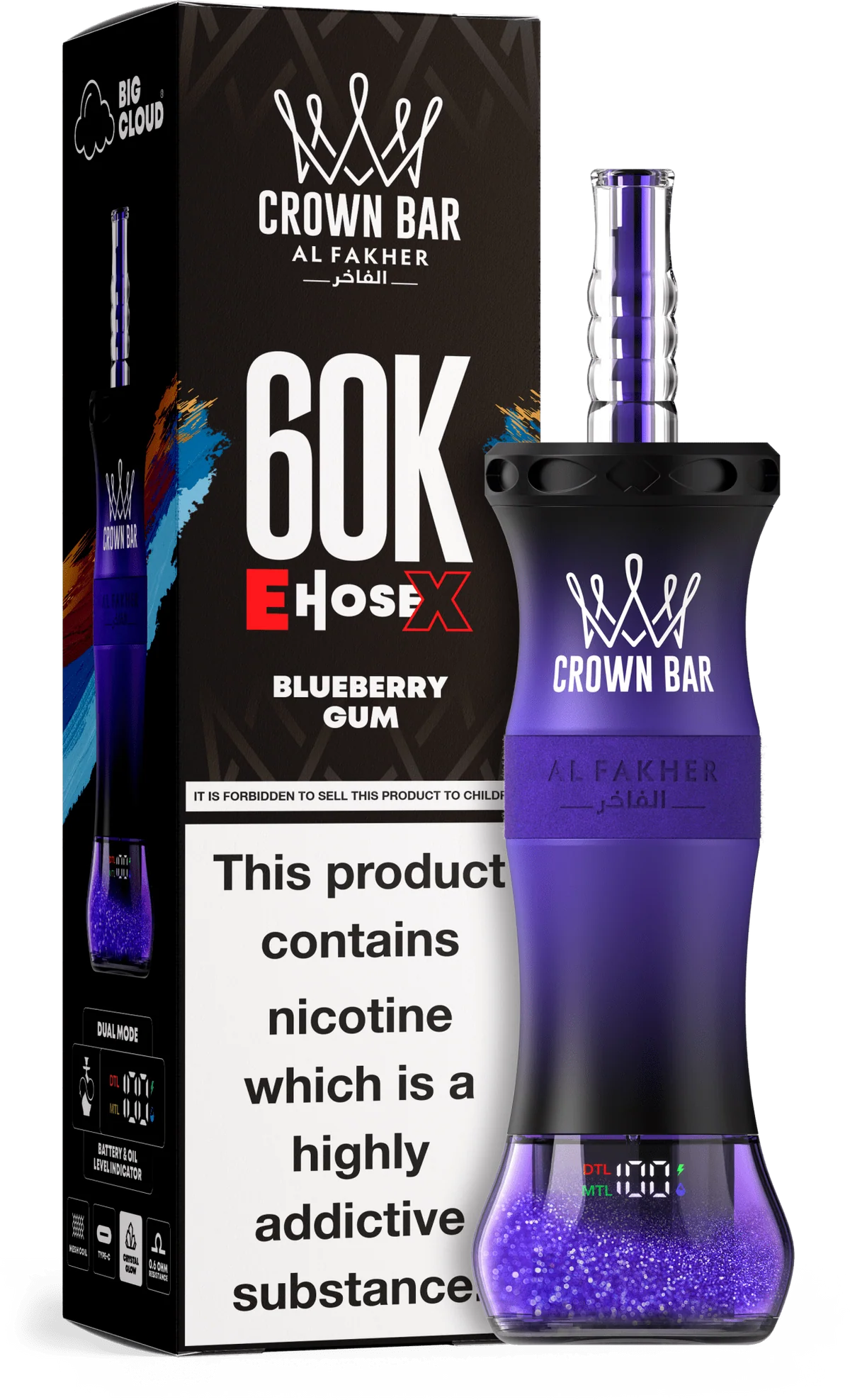 A 50ml Blueberry Gum Al Fakher Crown Bar E Hose X 60k disposable vape with blue gummy and blueberry graphics. by Vape4Less.