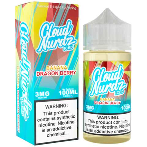 Banana Dragon Berry Iced Cloud Nurdz 100ml e-liquid bottle with banana, dragon fruit, and mixed berry candy graphics and icy accents. by Vape4Less.
