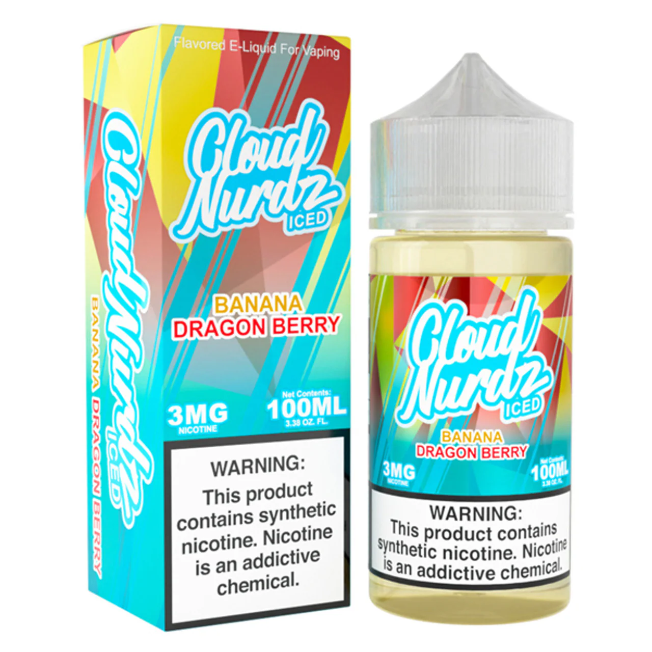 Banana Dragon Berry Iced Cloud Nurdz 100ml e-liquid bottle with banana, dragon fruit, and mixed berry candy graphics and icy accents. by Vape4Less.