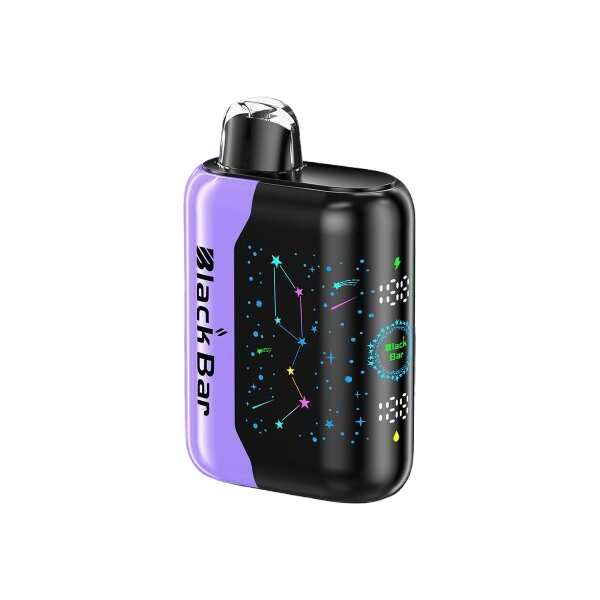A 18ml Blackberry B-Pop Black Bar Universe X disposable vape with blackberry candy graphics and dark purple accents. by Vape4Less.