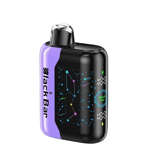 blackberry b pop A 18ml Blackberry B-Pop Black Bar Universe X disposable vape with blackberry candy graphics and dark purple accents. by Vape4Less.