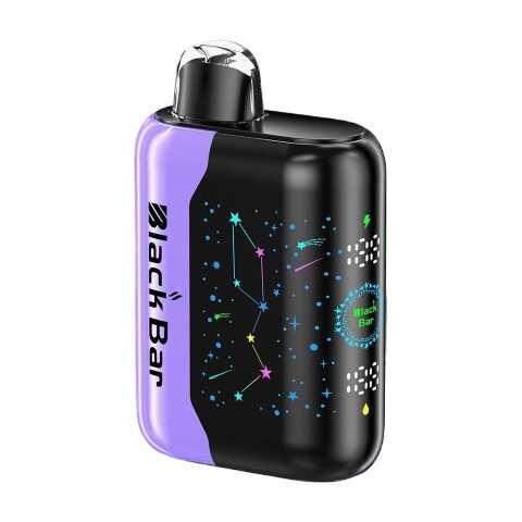 A 18ml Blueberry Watermelon Black Bar Universe X disposable vape with blueberry and watermelon fruit graphics on the device. by Vape4Less.