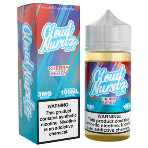 A 100ml Iced Cherry Berry Cloud Nurdz 100ml e-liquid bottle with cherry and mixed berry candy graphics and icy accents. by Vape4Less.