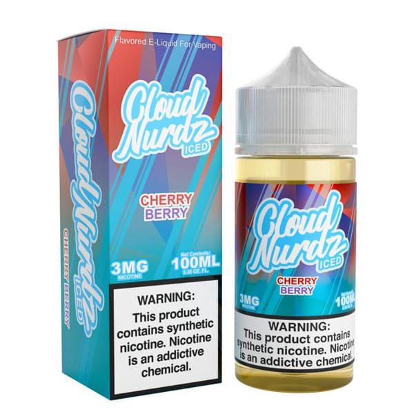 A 100ml Iced Cherry Berry Cloud Nurdz 100ml e-liquid bottle with cherry and mixed berry candy graphics and icy accents. by Vape4Less.