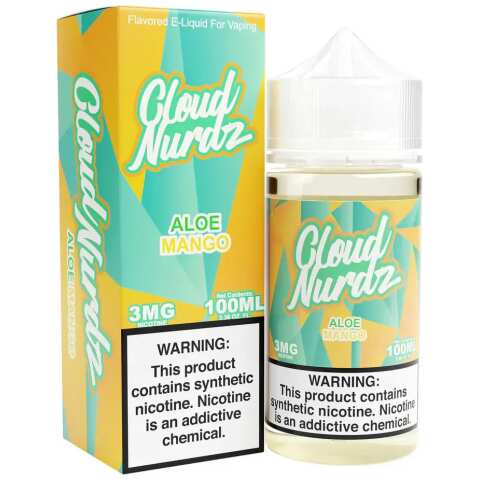 A 100ml Aloe Mango Cloud Nurdz 100ml e-liquid bottle with aloe and mango candy graphics. by Vape4Less.