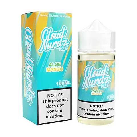 A 100ml Iced Aloe Mango Cloud Nurdz 100ml e-liquid bottle with aloe and mango candy graphics and icy accents. by Vape4Less.
